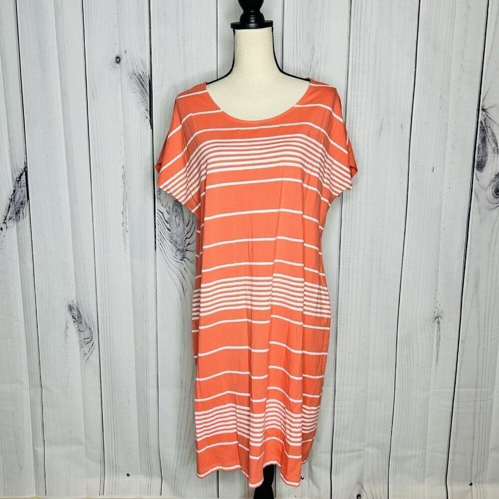 Lands End Womens Knit Tee Shirt Sheath Dress Sz L (14-16) Coral White Striped